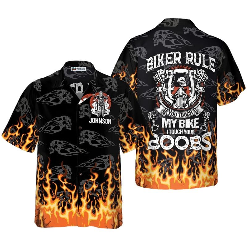 Bikergod Motorcycle Biker Rule You Touch My Bike I Touch Your Boobs Custom Name Hawaii Shirt Design 3D Full Printed Sizes S - 5XL NASA493