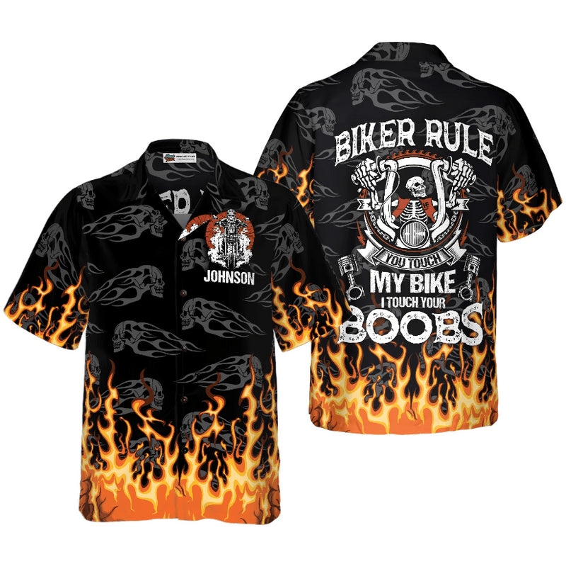 Bikergod Motorcycle Biker Rule You Touch My Bike I Touch Your Boobs Custom Name Hawaii Shirt Design 3D Full Printed Sizes S - 5XL NASA493