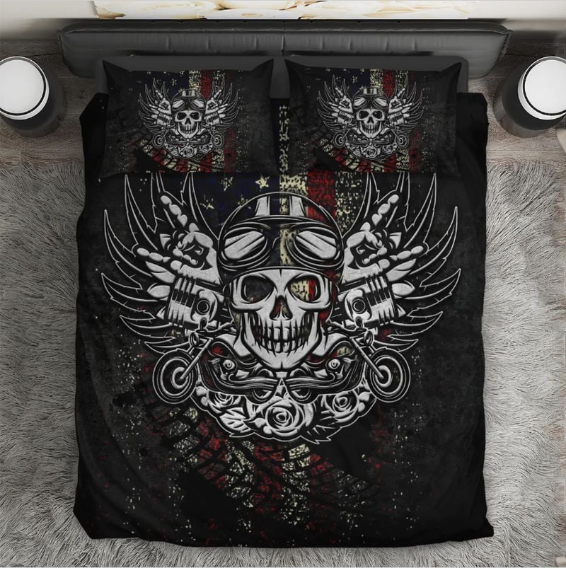 Bikergod Motorcycle Skull Motorbike Bedding Set Cover Design 3D - NAOA351
