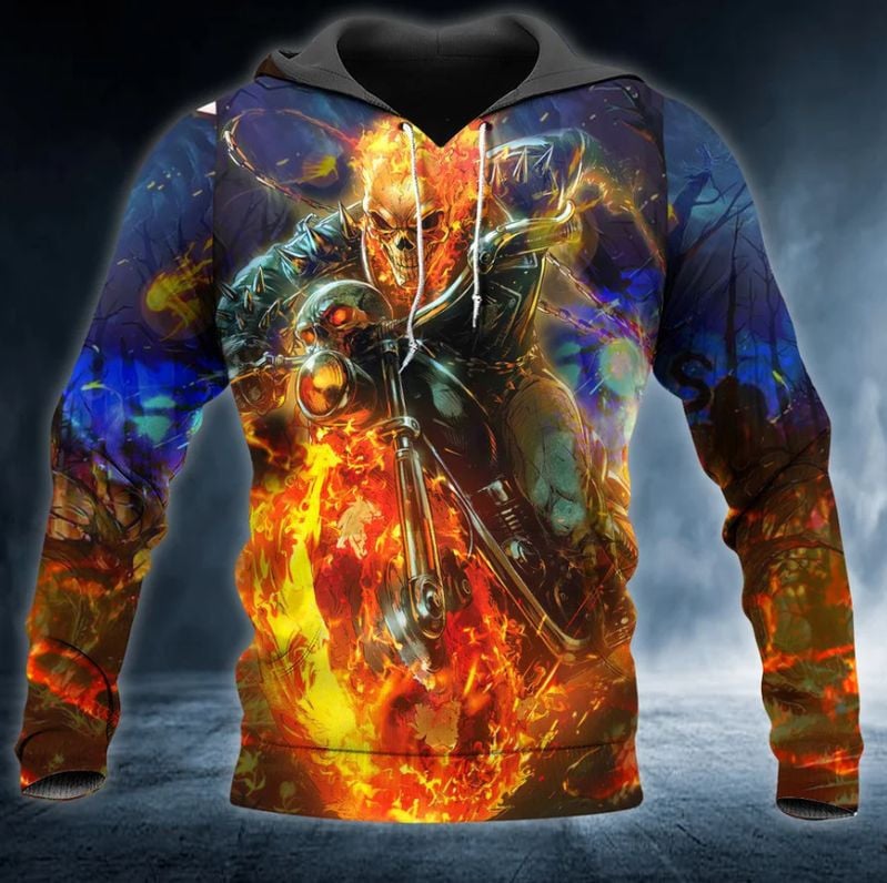 Bikergod Motorcycle Ghost Rider Fire Skull  Hoodie Design 3D Full Printed Sizes S - 5XL - NAJA449K