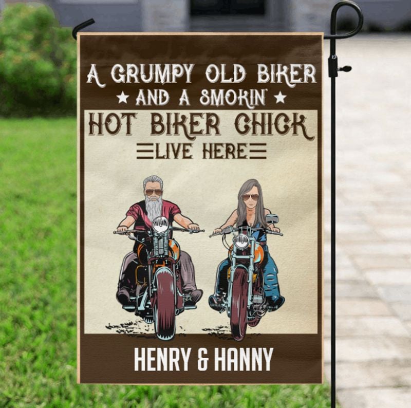 Bikergod Motorcycle A Grumpy Old Biker And A Smokin' Hot Biker Chick Live Here Custom Names Garden Flag NAIA292