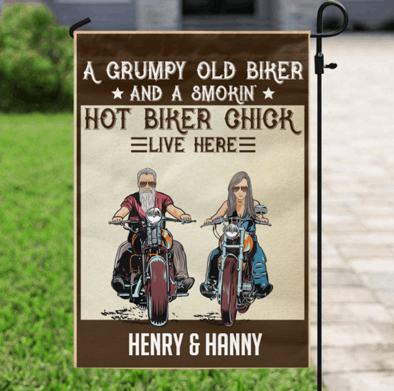 Bikergod Motorcycle A Grumpy Old Biker And A Smokin' Hot Biker Chick Live Here Custom Names Garden Flag NAIA292