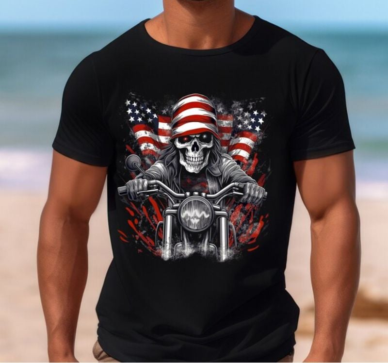 Bikergod Motorcycle Skull Biker 4th of July Independence Day T-shirt Design 2D Full Printed Sizes S - 5XL - NAIA364