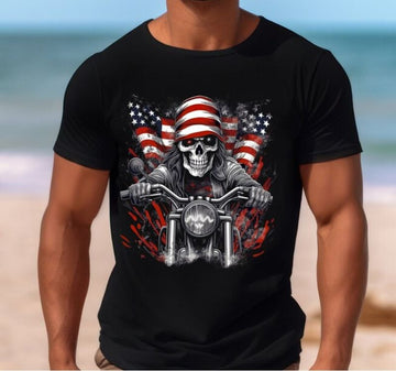 Bikergod Motorcycle Skull Biker 4th of July Independence Day T-shirt Design 2D Full Printed Sizes S - 5XL - NAIA364