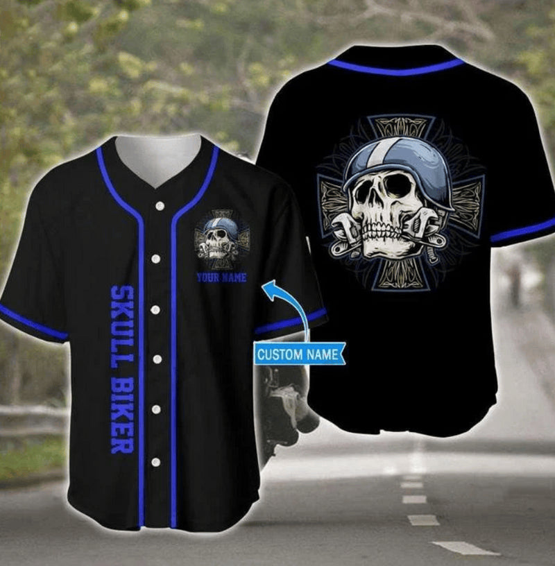 Bikergod Motorcycle Skull Biker Custom Name Baseball Shirt Design 3D Full Printed High Quality - NMAR182