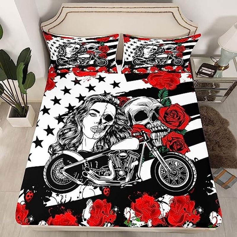 Bikergod Motorcycle Skull Biker Couple Roses Bedding Set Cover Design 3D - NAOA344