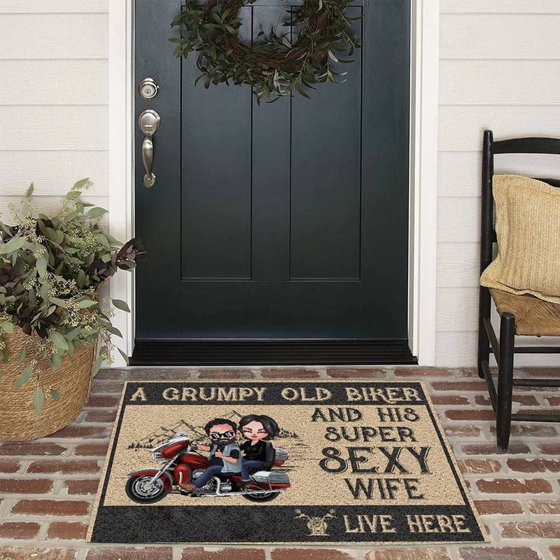 Bikergod Motorcycle Biker Couple A Grumpy Old Biker and His Super Sexy Wife Live Here Doormat NASA440