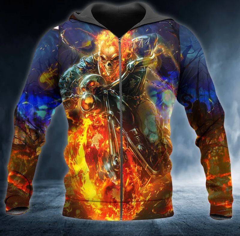 Bikergod Motorcycle Ghost Rider Fire Skull  Zip Hoodie Design 3D Full Printed Sizes S - 5XL - NAJA449H