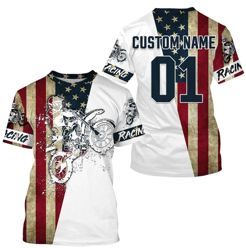 Bikergod Motorcycle Racing USA Flag Custom Name And Number  T-shirt Design 3D Full Printed Sizes S - 5XL - NMQE63