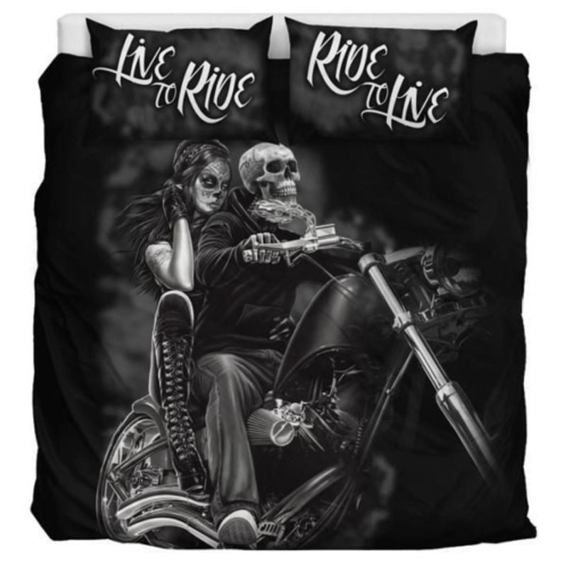 Bikergod Motorcycle Live To Ride Skull Biker Couple Bedding Set Cover Design 3D - NAOA358