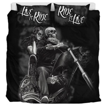 Bikergod Motorcycle Live To Ride Skull Biker Couple Bedding Set Cover Design 3D - NAOA358
