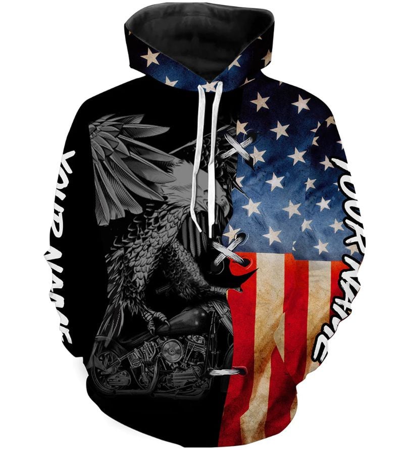 Bikergod Motorcycle Eagle USA Flag Custom Name  Hoodie Design 3D Full Printed Sizes S - 5XL - NMQE106B