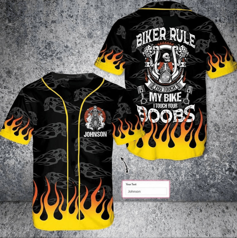 Bikergod Motorcycle Biker Rule You Touch My Bike I Touch Your Boobs Custom Name Baseball Shirt Design 3D Full Printed High Quality - NMAR259