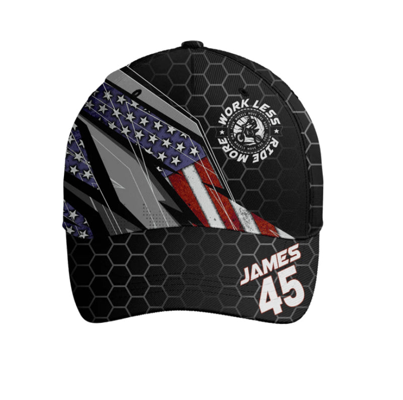 Bikergod Motorcycle  Work Less Ride More Custom Name And Number Classic Cap NMQI134B