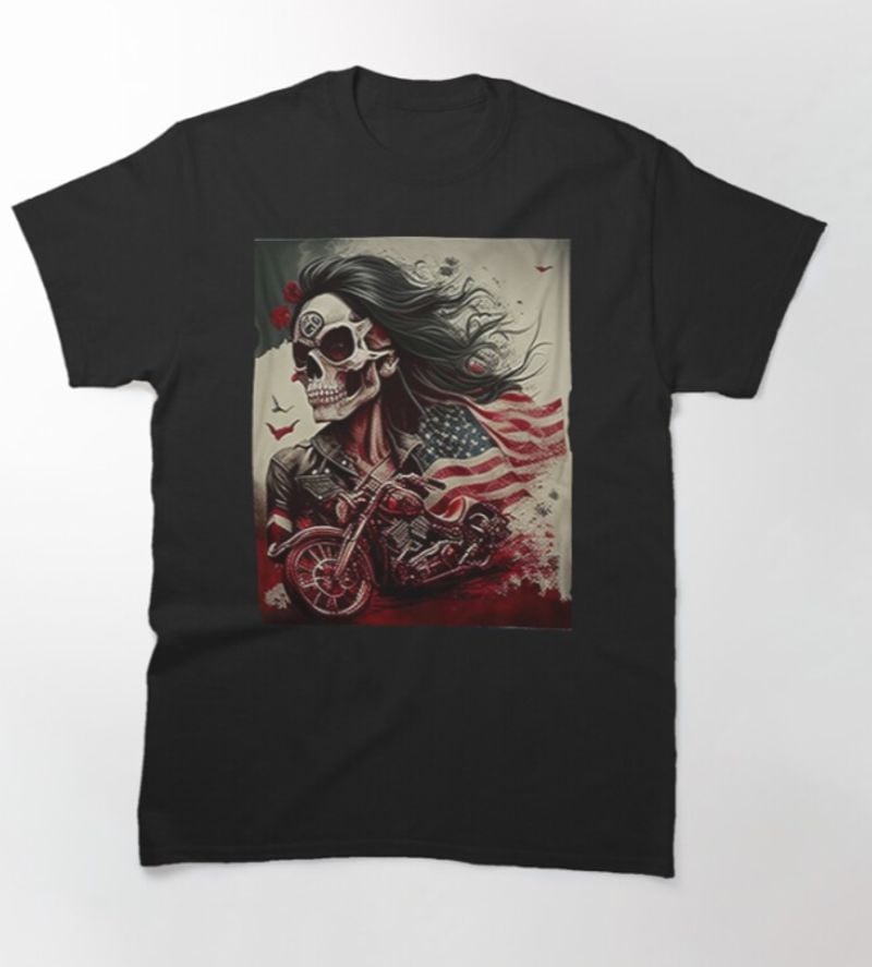 Bikergod Motorcycle Skull Girl Biker American Flag T-shirt Design 2D Full Printed Sizes S - 5XL - NAKA315