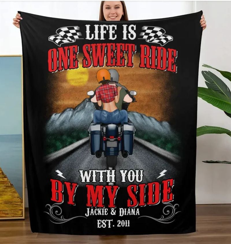 Bikergod Motorcycle Life Is One Sweet Ride With You By My Side Custom Names And Year Blanket NMBL028