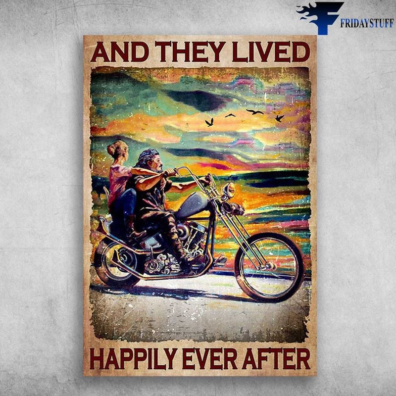 Bikergod Motorcycle Couple And They Lived, Happily Ever After Vintage Poster NAIA139