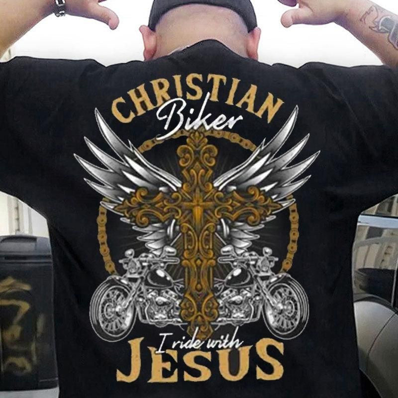 Bikergod Motorcycle Christian Biker I Ride With Jesus T-shirt Design 2D Full Printed Sizes S - 5XL - NANA184