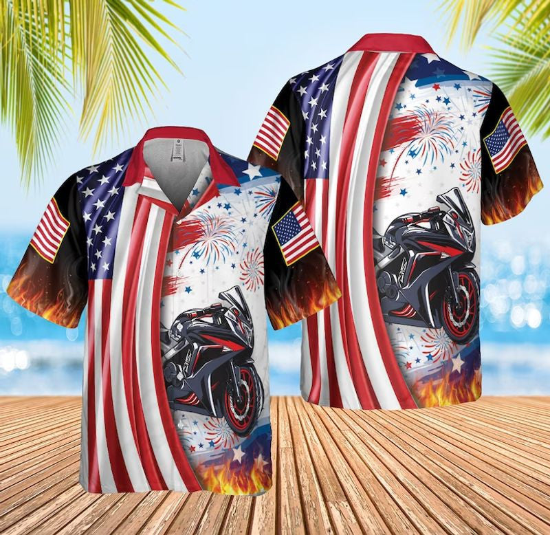 Bikergod Motorcycle USA Flag 4th July Hawaii Shirt Design 3D Full Printed Sizes S - 5XL NASA471