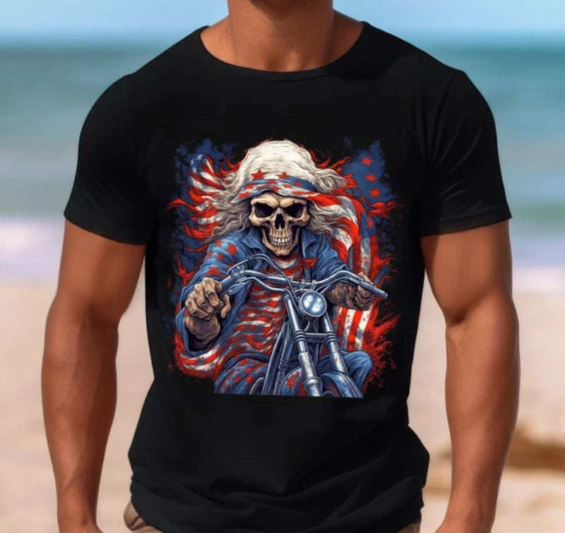 Bikergod Motorcycle Skull Biker 4th of July Independence Day T-shirt Design 2D Full Printed Sizes S - 5XL - NAIA361