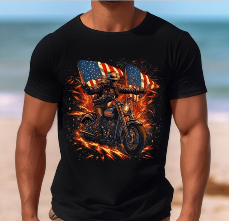 Bikergod Motorcycle Skull Biker 4th of July Independence Day T-shirt Design 2D Full Printed Sizes S - 5XL - NAIA366