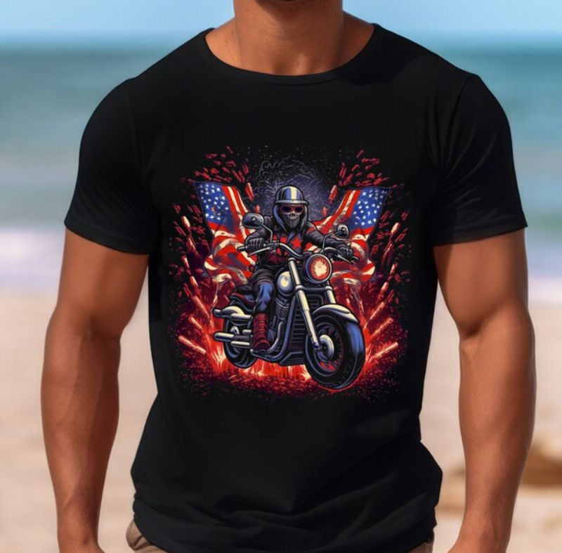 Bikergod Motorcycle Skull Biker 4th of July Independence Day T-shirt Design 2D Full Printed Sizes S - 5XL - NAIA365