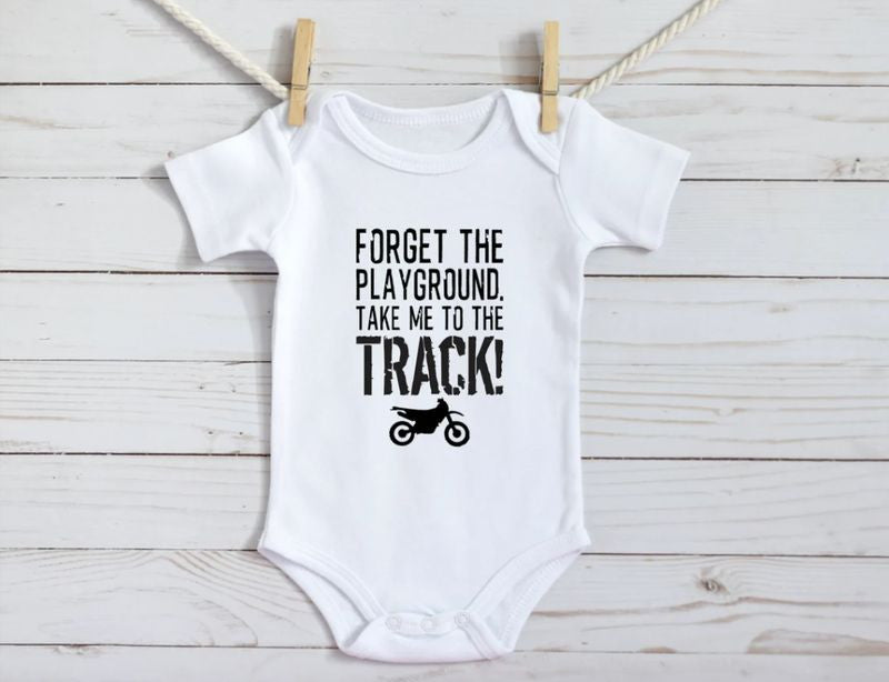 Bikergod Motorcycle Forget the Playground Take Me to the Track COTTON Baby Onesie Bodysuit NAVA360