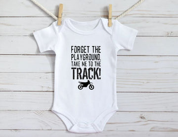 Bikergod Motorcycle Forget the Playground Take Me to the Track COTTON Baby Onesie Bodysuit NAVA360
