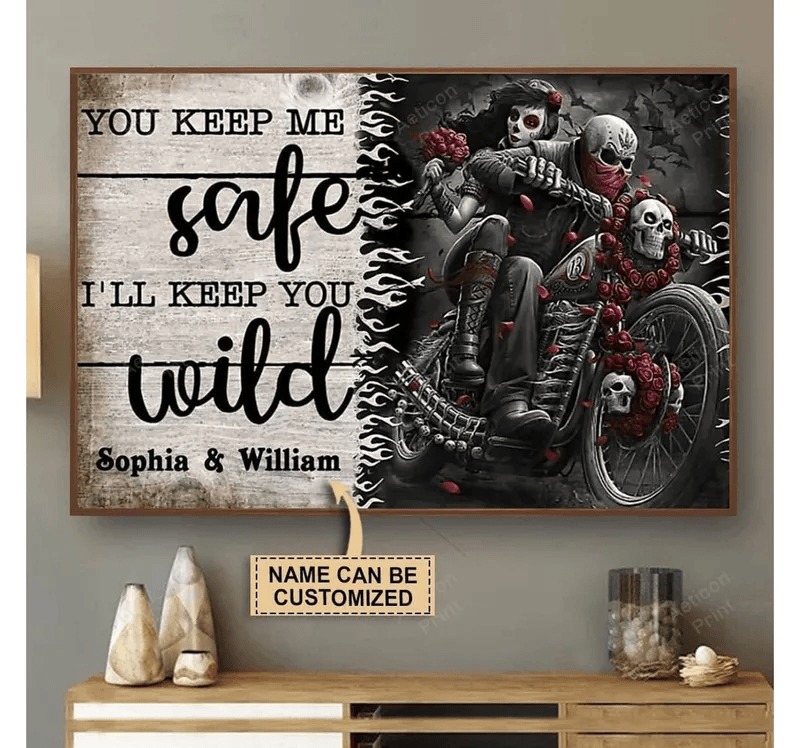 Bikergod Motorcycle Skeleton You Keep Me Safe Motorcycle Couple Custom Names Poster NANA85