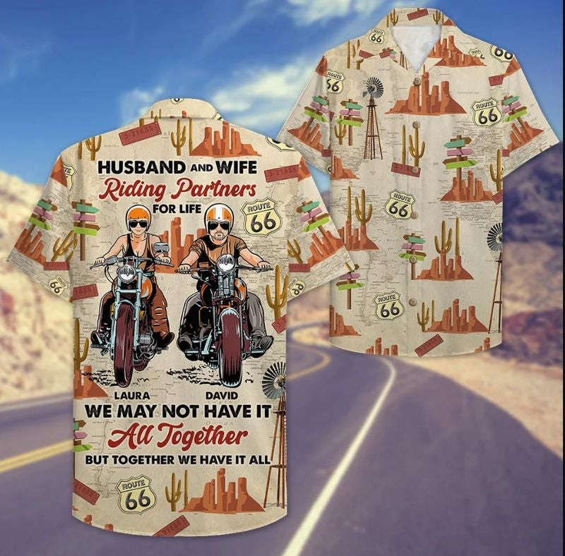 Bikergod Motorcycle Biker Couple Husband & Wife, Riding Partners For Life Custom Names Hawaii Shirt Design 3D Full Printed Sizes S - 5XL NASA95