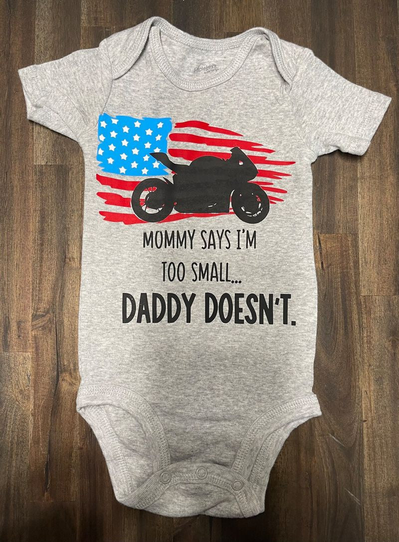 Bikergod Motorcycle Mommy Says I'm Too Small COTTON Baby Onesie Bodysuit NAVA398