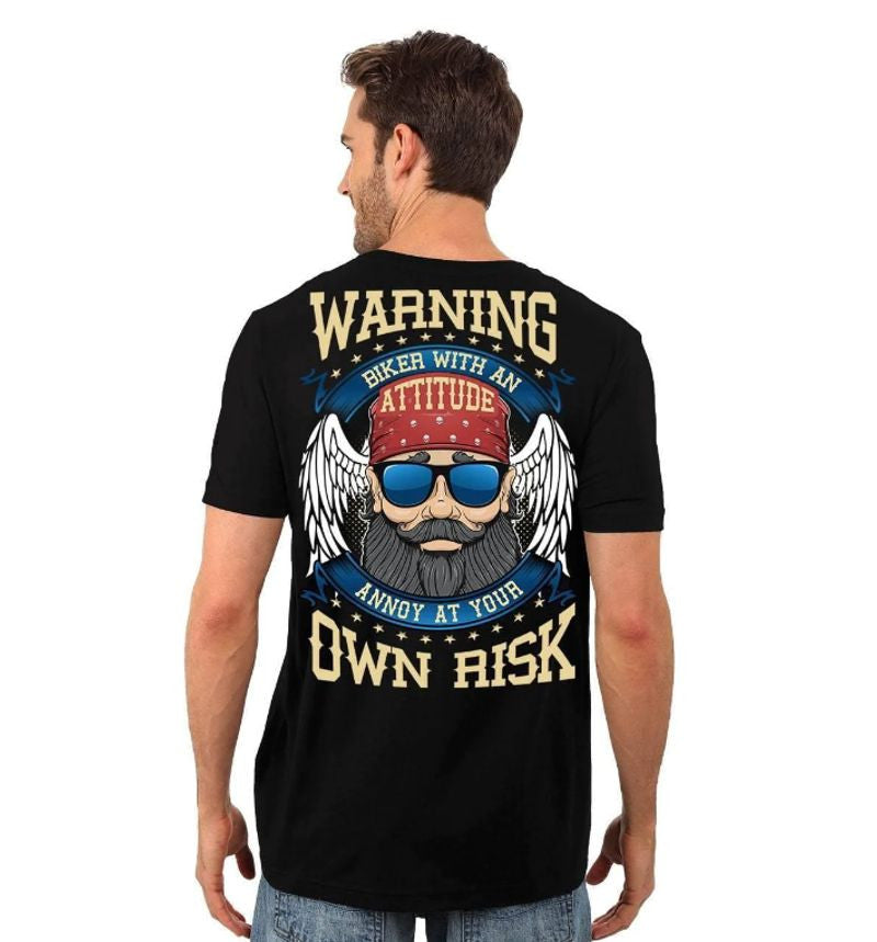 Bikergod Motorcycle Warning Biker With An Attitude T-shirt Design 2D Full Printed Sizes S - 5XL - NASA23