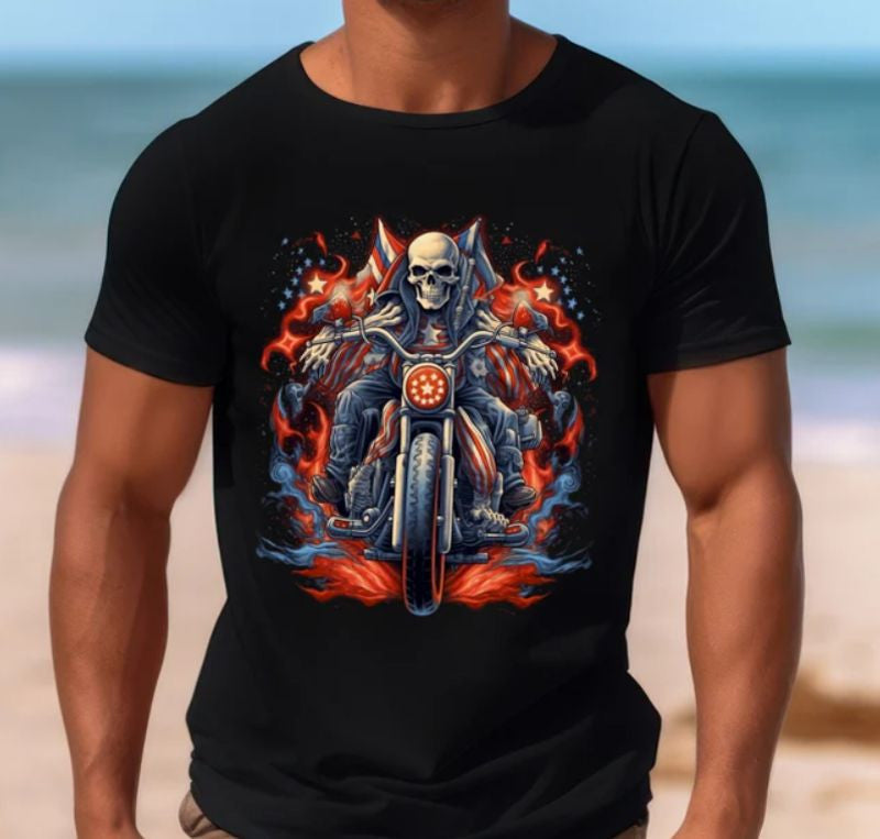 Bikergod Motorcycle Skull Biker 4th of July Independence Day T-shirt Design 2D Full Printed Sizes S - 5XL - NAIA360