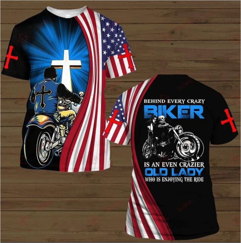 Bikergod Motorcycle BEHIND EVERY CRAZY BIKER IS AN EVEN CRAZIER OLD LADY T-shirt Design 3D Full Printed Sizes S - 5XL - NASA38