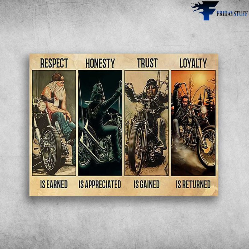 Bikergod Motorcycle Respect Is Eared, Honestly Is Appreciated, Trust Is Gained, Loyalty Is Returned Vintage Poster NAIA132