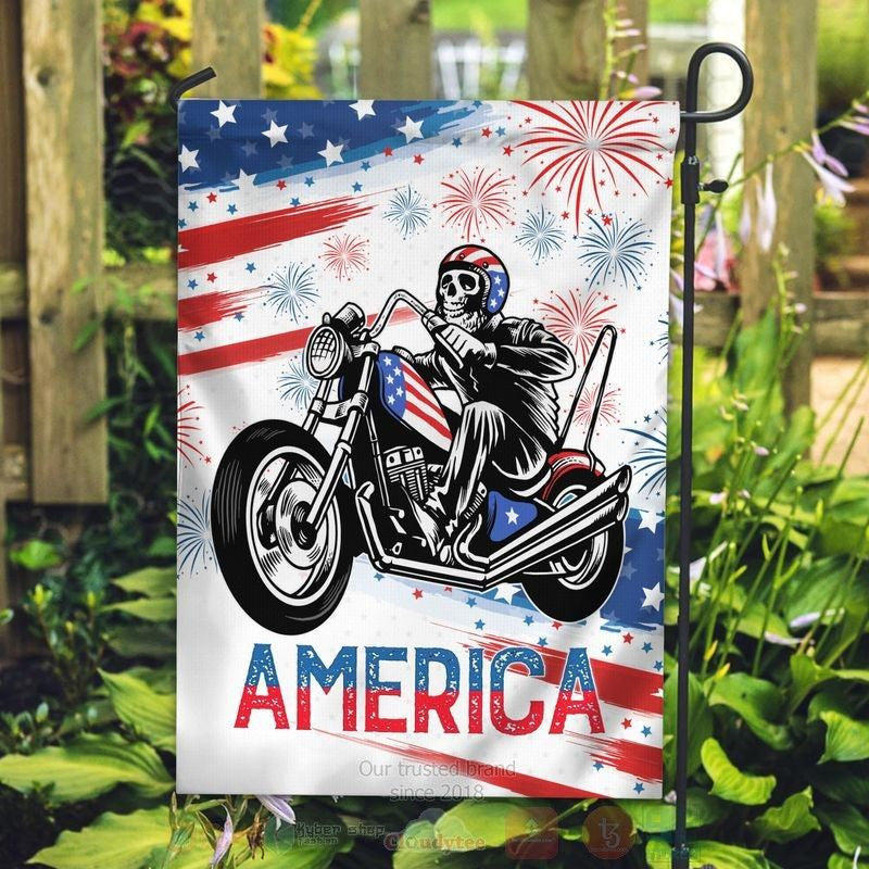 Bikergod Motorcycle Skeleton America Independence Day Garden Flag NMQI104F