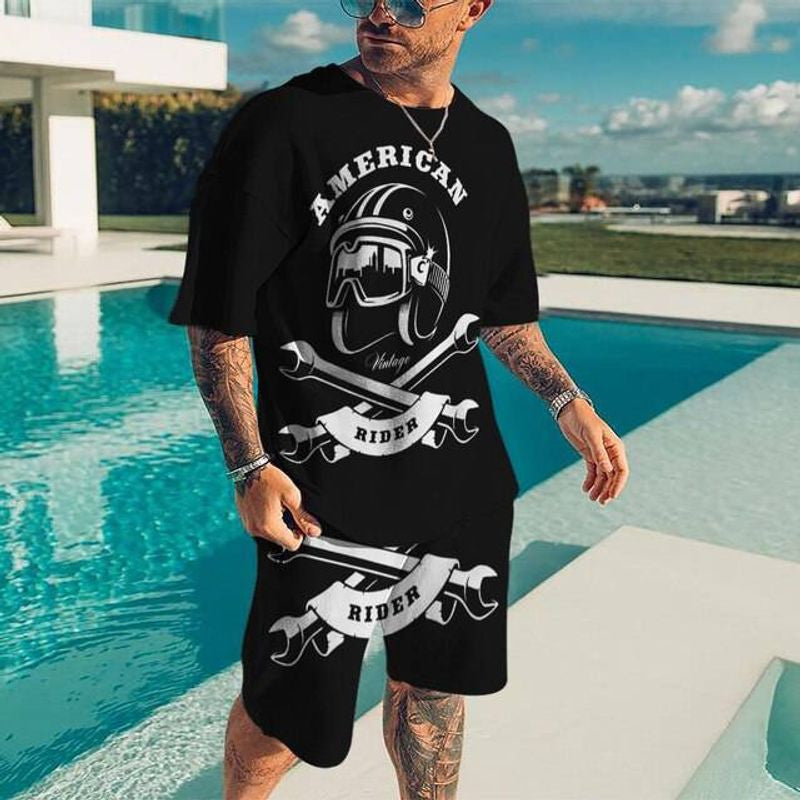 Bikergod Motorcycle Skull Biker American Vintage Rider T-shirt And Short Set Design 3D Full Printed NALA348