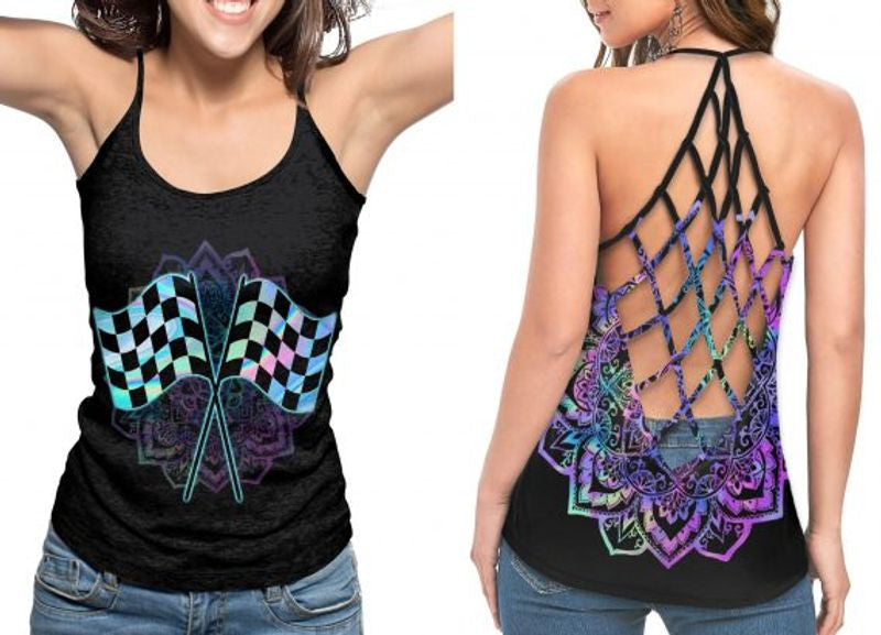Bikergod Motorcycle Racing Flag CRISS CROSS OPEN BACK CAMISOLE TANK TOP DESIGN 3D SIZE S - 5XL -NALA358