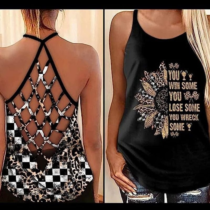 Bikergod Motorcycle Racing Sunflower You Win Some You Lose Some CRISS CROSS OPEN BACK CAMISOLE TANK TOP DESIGN 3D SIZE S - 5XL -NALA353