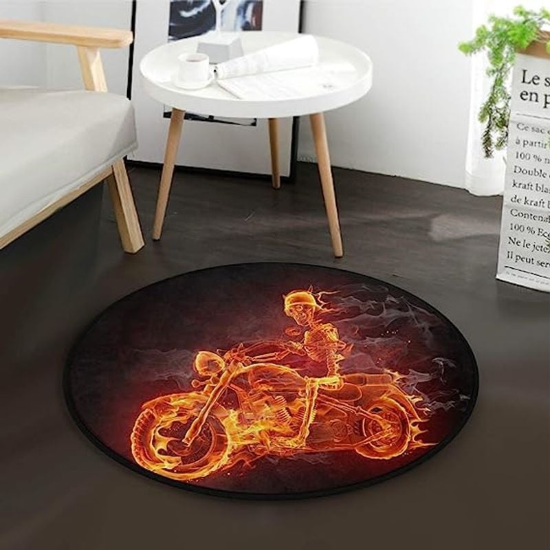 Bikergod Motorcycle Fire Sugar Skull Skeleton Riding Motorcycle Round Rug NALA184