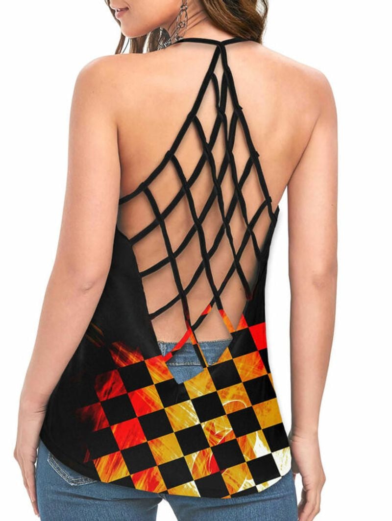 Bikergod Motorcycle Orange Racing Flag CRISS CROSS OPEN BACK CAMISOLE TANK TOP DESIGN 3D SIZE S - 5XL -NALA360