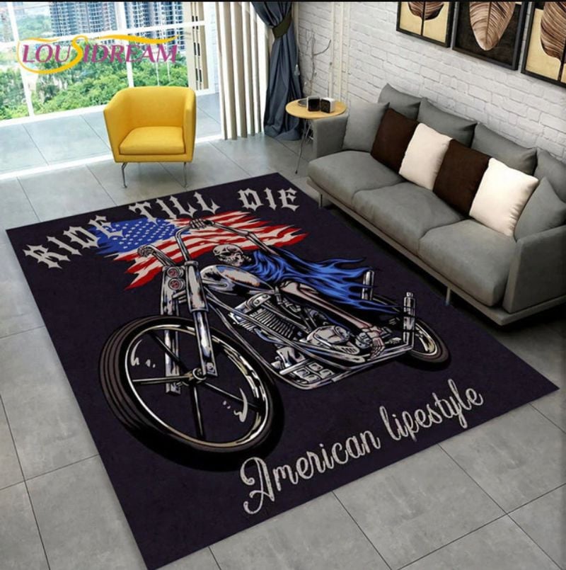 Bikergod Motorcycle Skeleton Biker USA Flag Ride Till Die American Lifestyle Rug Home Floor Decor NALA153