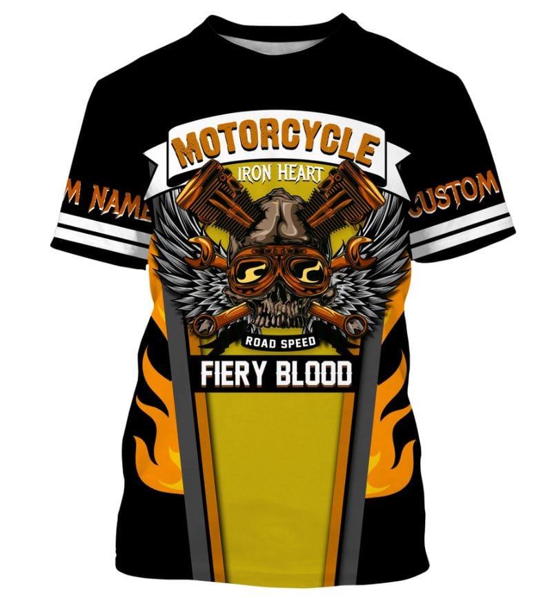 Bikergod Motorcycle Iron Heart Road Speed Fiery Blood Custom Name  T-shirt Design 3D Full Printed Sizes S - 5XL - NMK19