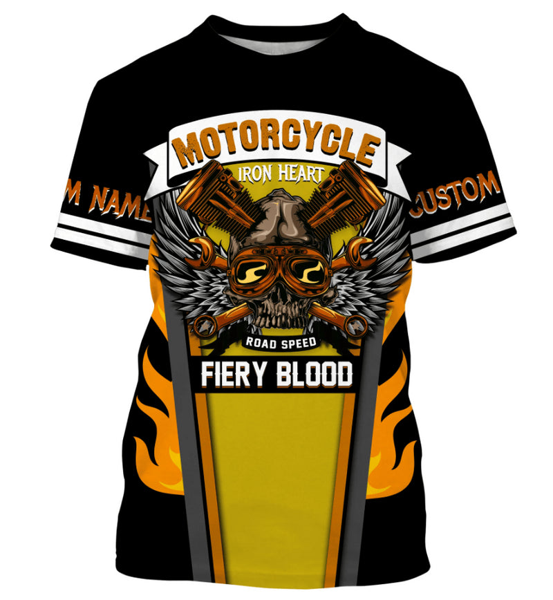 Bikergod Motorcycle Iron Heart Road Speed Fiery Blood Custom Name  T-shirt Design 3D Full Printed Sizes S - 5XL - NMK19
