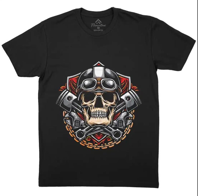 Bikergod Motorcycle Skull Pistons Biker T-shirt, Crew-neck Sweatshirt, Hoodie, Tank Top, V-neck T-shirt Design 2D Full Printed Sizes S - 5XL - NALA100