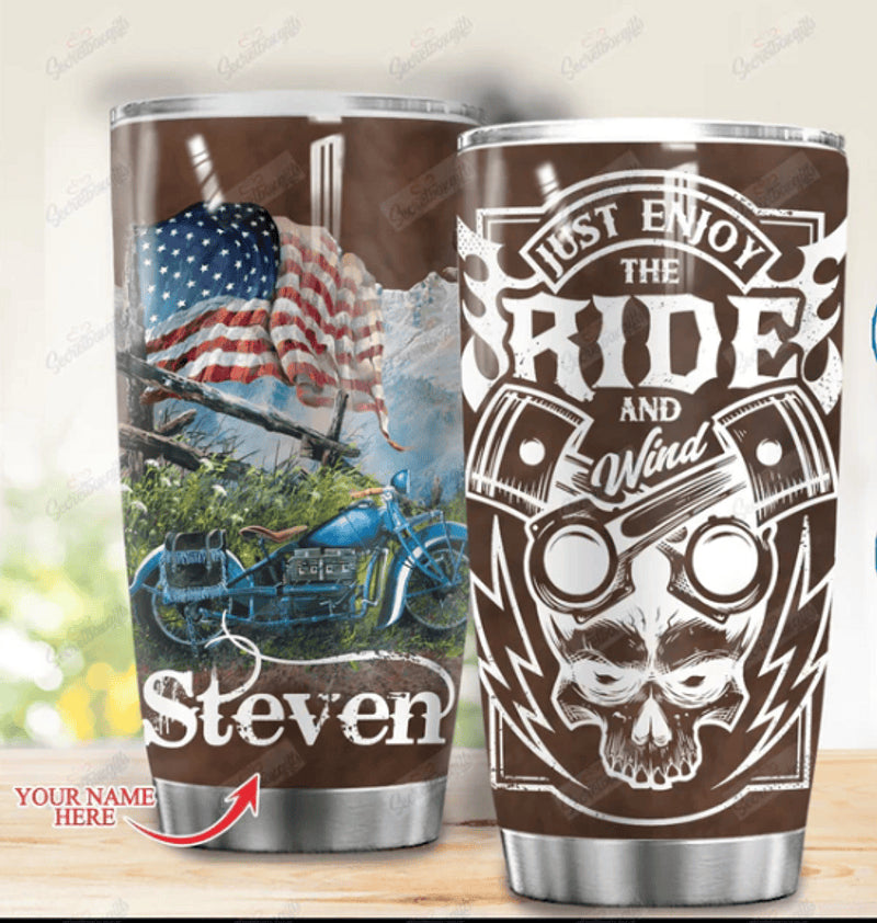 Bikergod Motorcycle American Biker Enjoy The Ride And Wind Custom Name Steelers Stainless Steel 20 Oz Tumbler- NAQA400