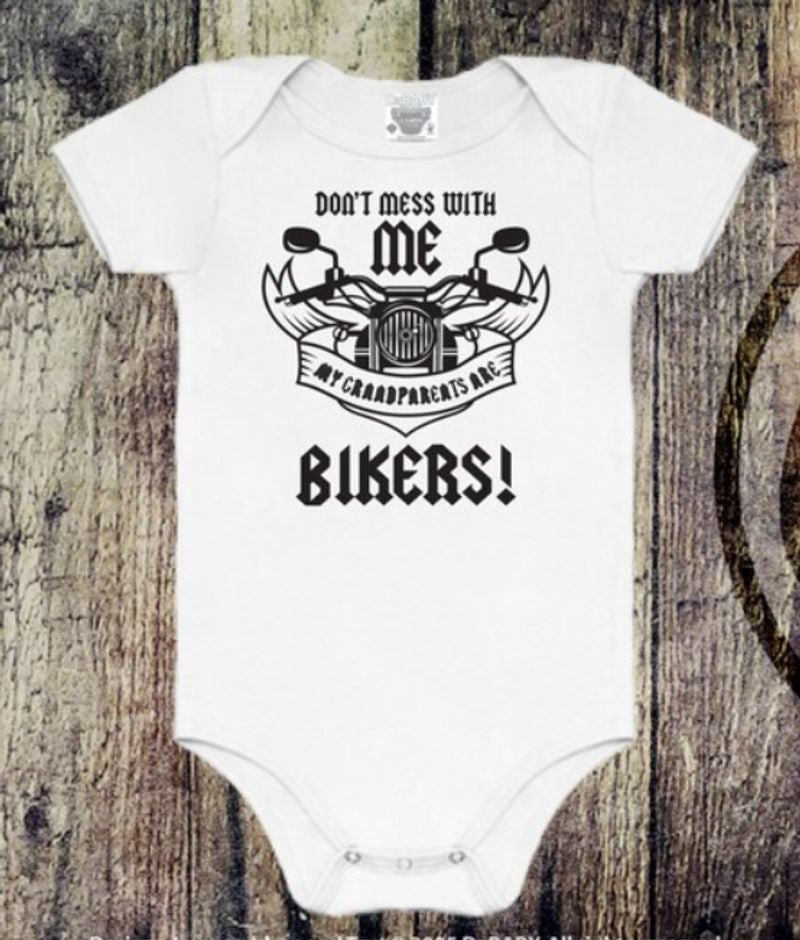 Bikergod Motorcycle Don't Mess With Me My Grandparents are Bikers COTTON Baby Onesie Bodysuit NAVA406