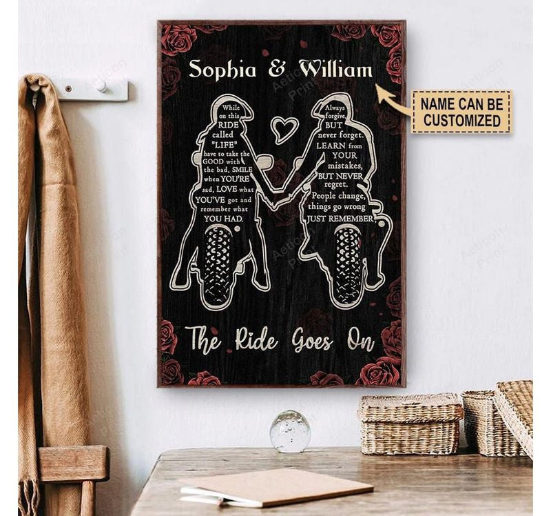 Bikergod Motorcycle The Ride Goes On Motorcycle Couple Custom Names Poster NANA94