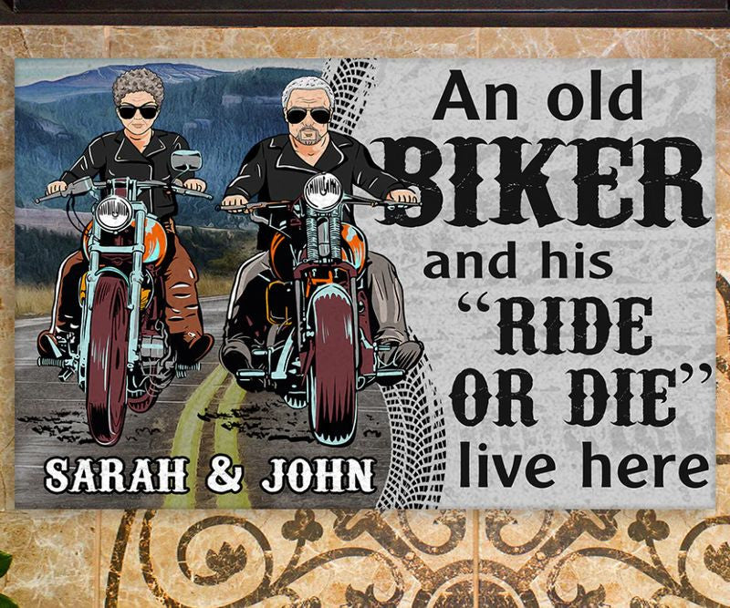 Bikergod Motorcycle An Old Biker And His Ride Or Die Live Here Custom Names Doormat NMQI118