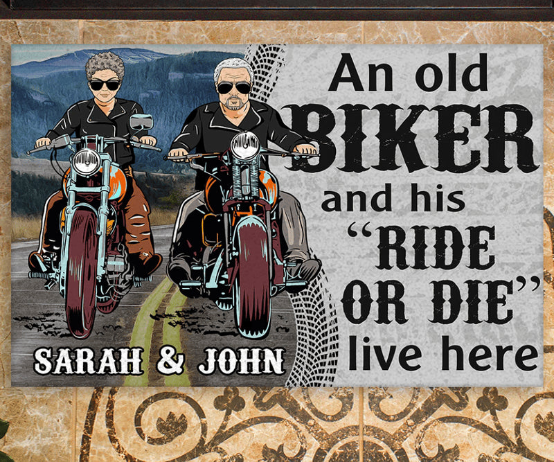 Bikergod Motorcycle An Old Biker And His Ride Or Die Live Here Custom Names Doormat NMQI118